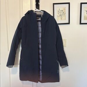 Stio Down Navy Hooded Long Coat